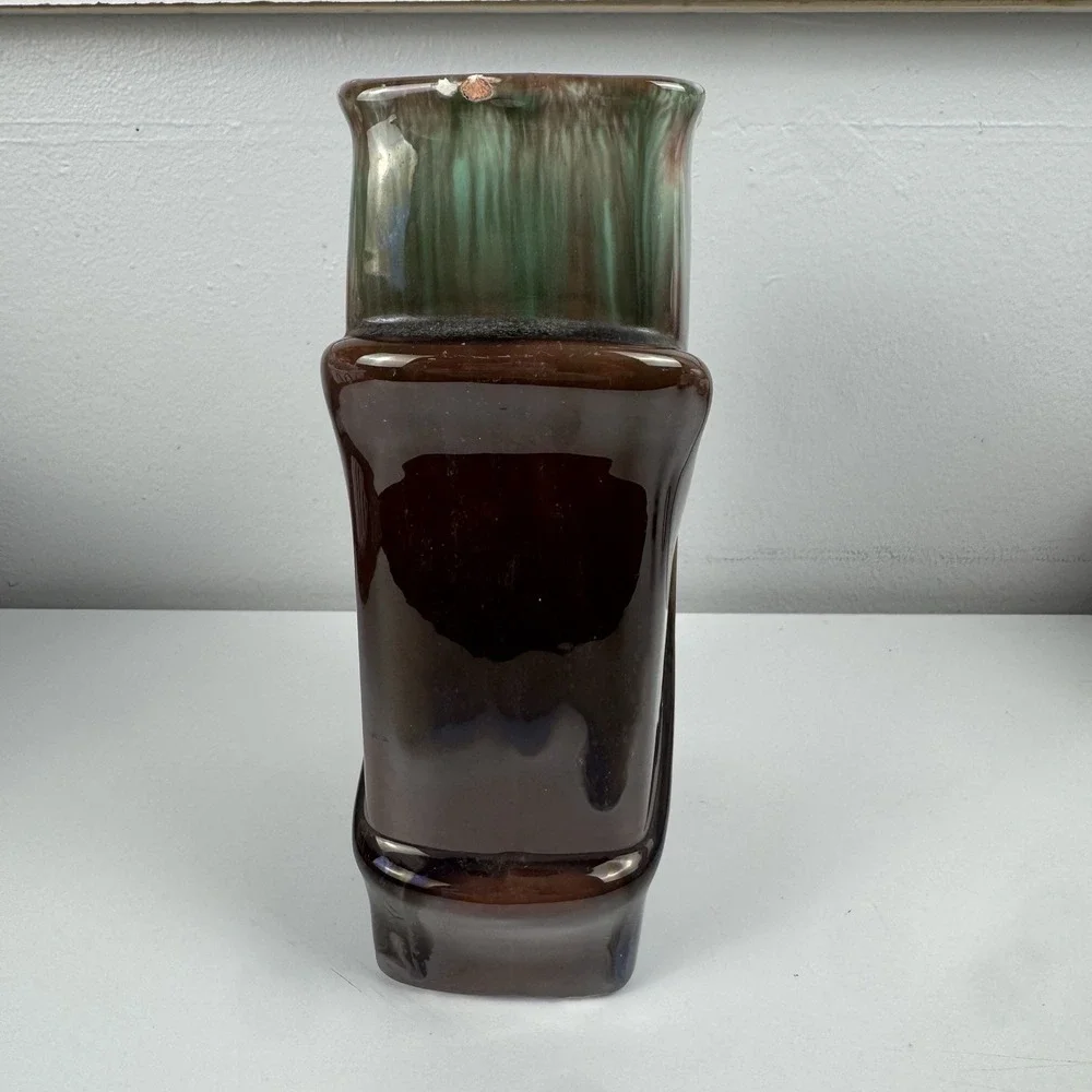 VTG Royal Haeger USA Pottery R651 Green Brown‎ Tulip Rectangle Drip Glaze Vase